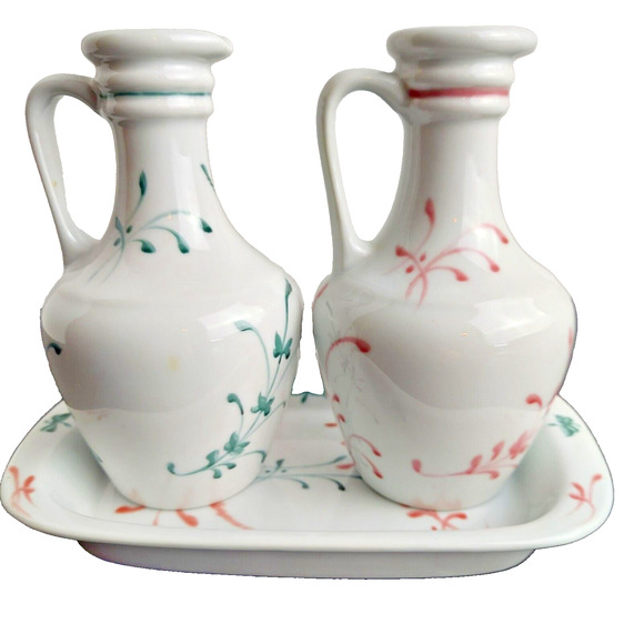 Limoges France Pottery Cruet Set Oil Vinegar Hand Painted Fluers Tray Pink Green - Picture 3 of 9